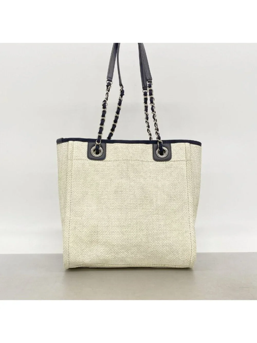 Chanel Chain Tote Bag Deauville Raffia Ivory Navy Silver